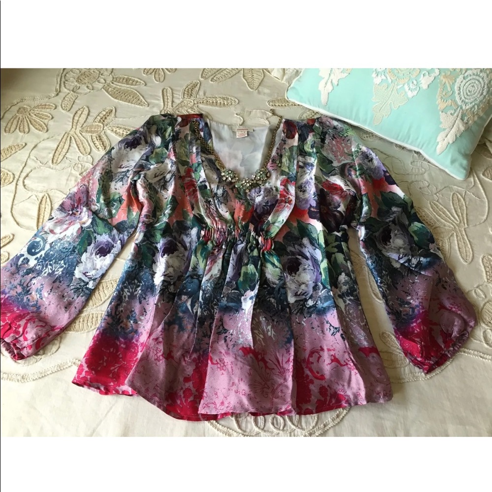 Sundance Catalog $138 M sugar plum garden blouse floral silk top long sleeve - Picture 2 of 6